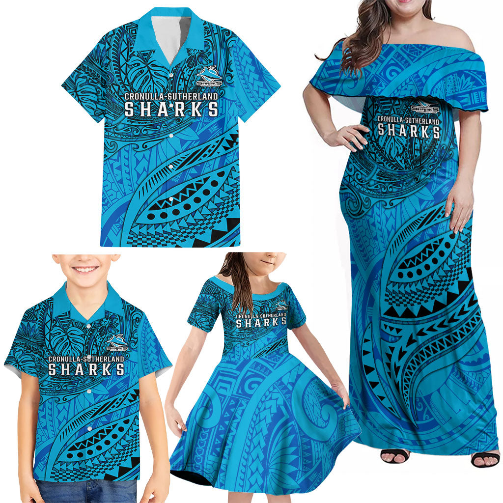 Personalised Cronulla-Sutherland Sharks Family Matching Off Shoulder Maxi Dress and Hawaiian Shirt Polynesian Tribal Art Style With Hammerhead Mascot