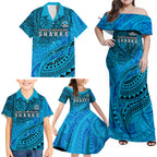 Personalised Cronulla-Sutherland Sharks Family Matching Off Shoulder Maxi Dress and Hawaiian Shirt Polynesian Tribal Art Style With Hammerhead Mascot