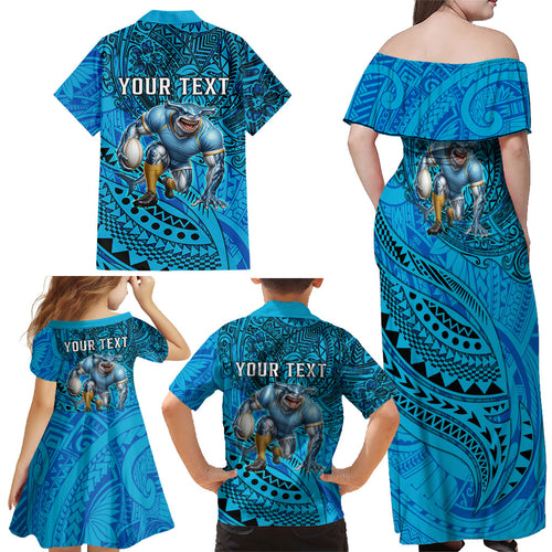 Personalised Cronulla-Sutherland Sharks Family Matching Off Shoulder Maxi Dress and Hawaiian Shirt Polynesian Tribal Art Style With Hammerhead Mascot