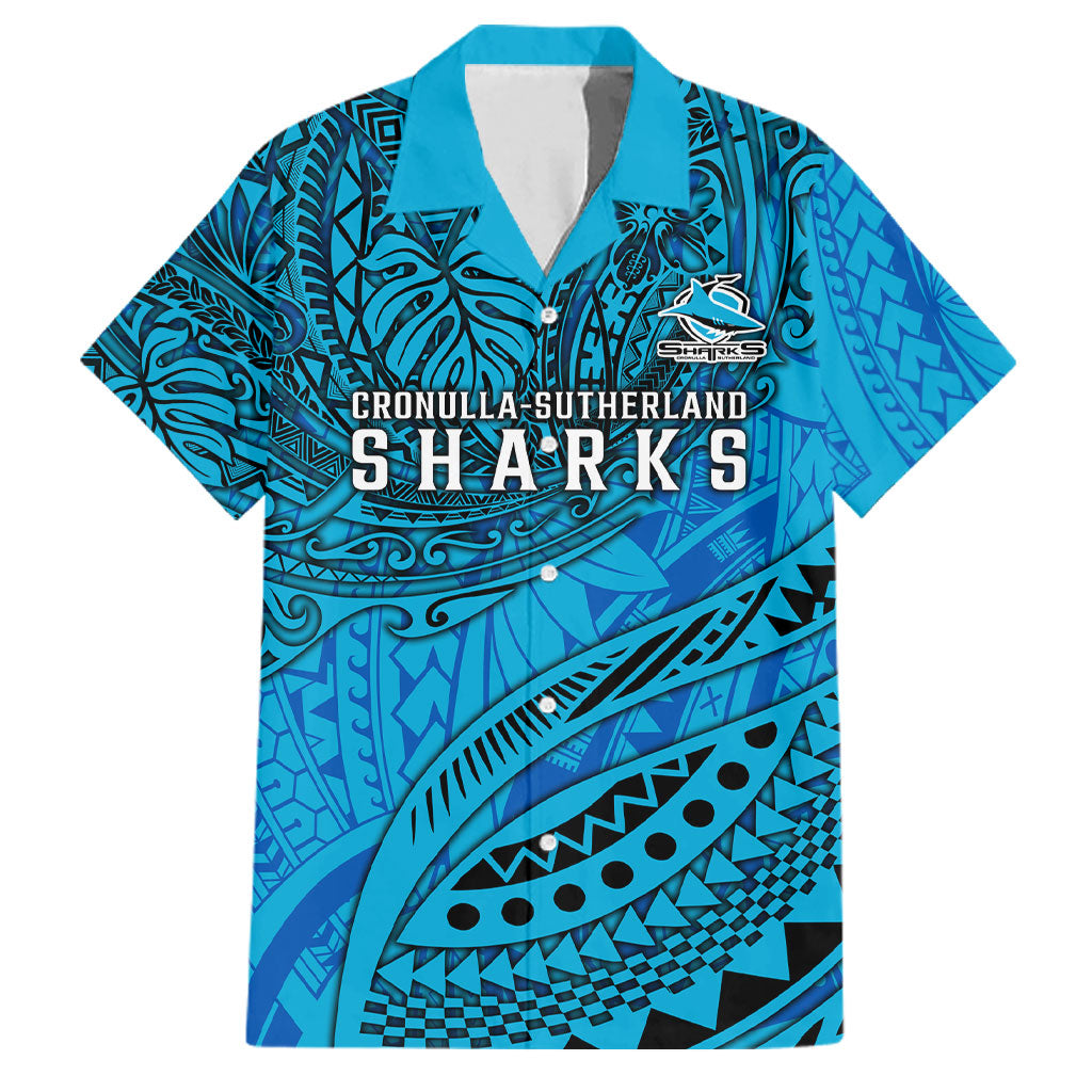 Personalised Cronulla-Sutherland Sharks Family Matching Off Shoulder Maxi Dress and Hawaiian Shirt Polynesian Tribal Art Style With Hammerhead Mascot