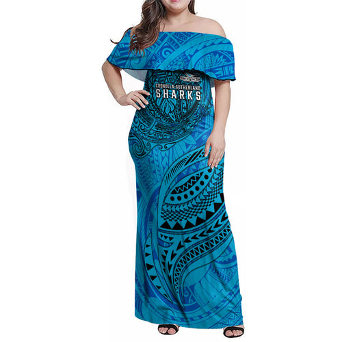 Personalised Cronulla-Sutherland Sharks Family Matching Off Shoulder Maxi Dress and Hawaiian Shirt Polynesian Tribal Art Style With Hammerhead Mascot