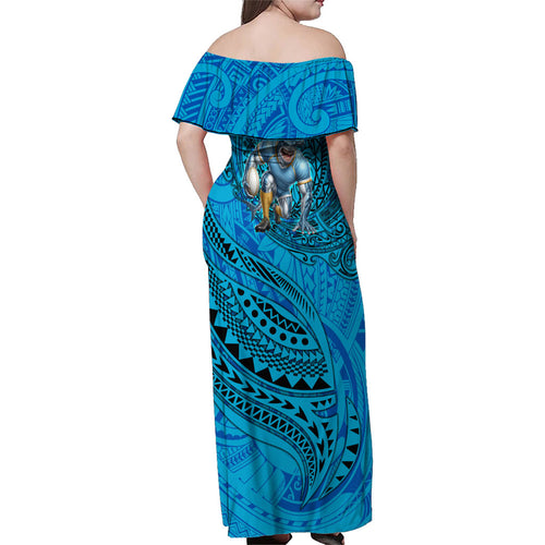 Personalised Cronulla-Sutherland Sharks Family Matching Off Shoulder Maxi Dress and Hawaiian Shirt Polynesian Tribal Art Style With Hammerhead Mascot