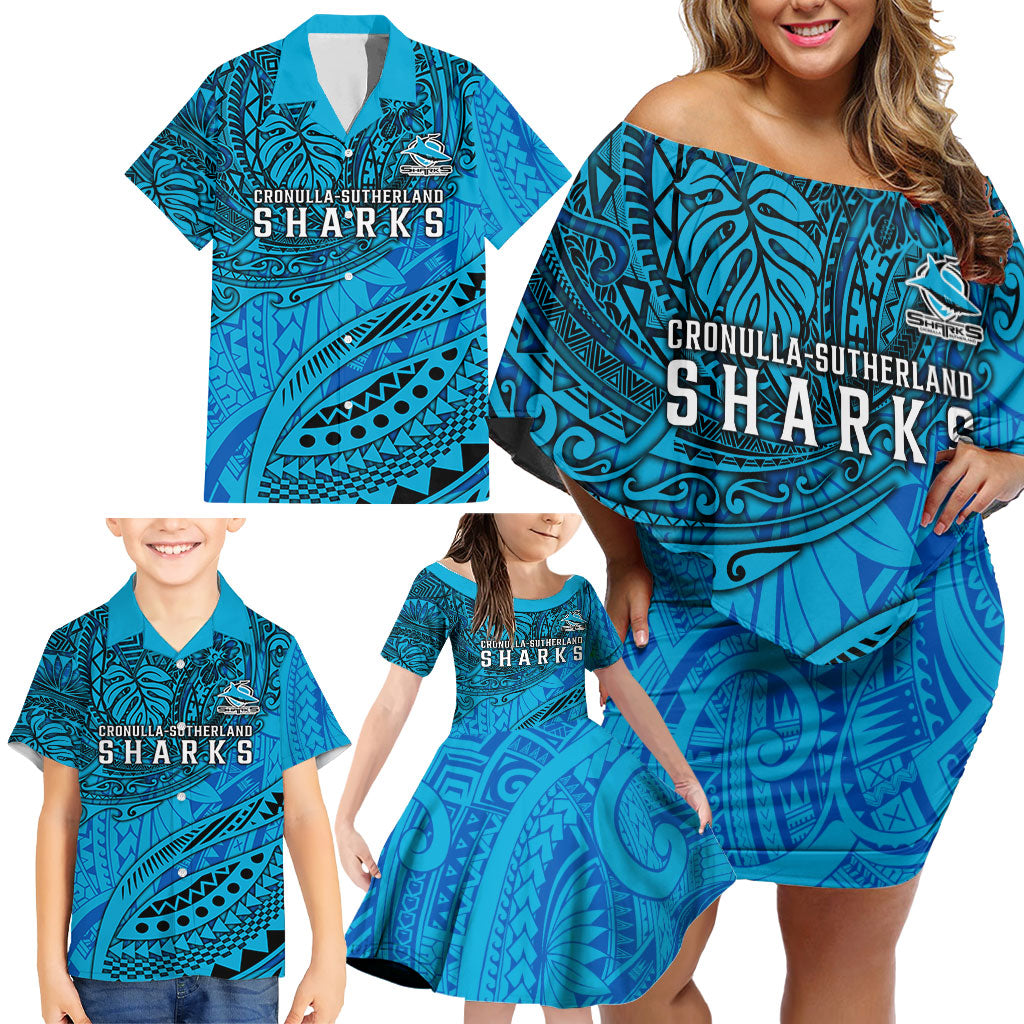 Personalised Cronulla-Sutherland Sharks Family Matching Off Shoulder Short Dress and Hawaiian Shirt Polynesian Tribal Art Style With Hammerhead Mascot