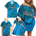Personalised Cronulla-Sutherland Sharks Family Matching Off Shoulder Short Dress and Hawaiian Shirt Polynesian Tribal Art Style With Hammerhead Mascot