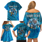 Personalised Cronulla-Sutherland Sharks Family Matching Off Shoulder Short Dress and Hawaiian Shirt Polynesian Tribal Art Style With Hammerhead Mascot