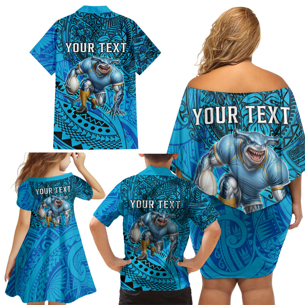 Personalised Cronulla-Sutherland Sharks Family Matching Off Shoulder Short Dress and Hawaiian Shirt Polynesian Tribal Art Style With Hammerhead Mascot
