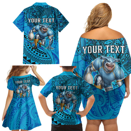Personalised Cronulla-Sutherland Sharks Family Matching Off Shoulder Short Dress and Hawaiian Shirt Polynesian Tribal Art Style With Hammerhead Mascot