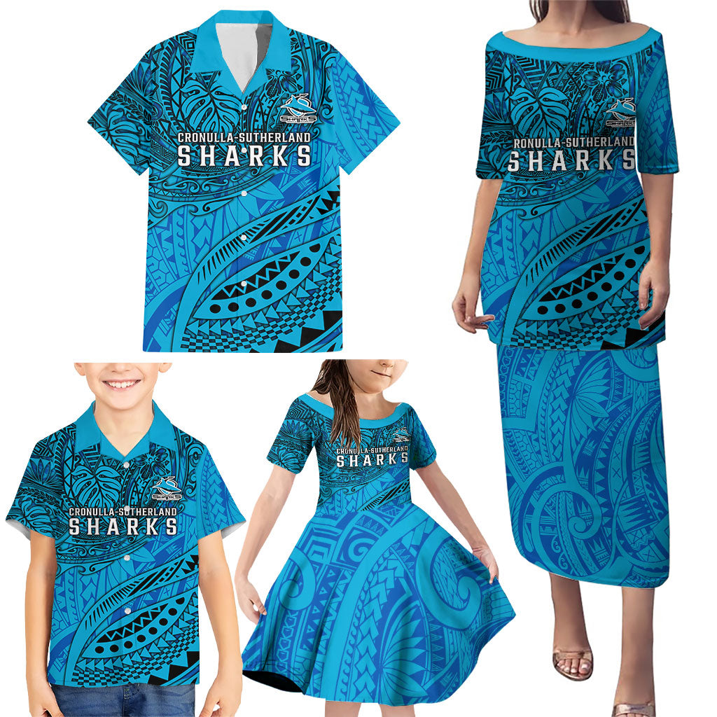 Personalised Cronulla-Sutherland Sharks Family Matching Puletasi and Hawaiian Shirt Polynesian Tribal Art Style With Hammerhead Mascot