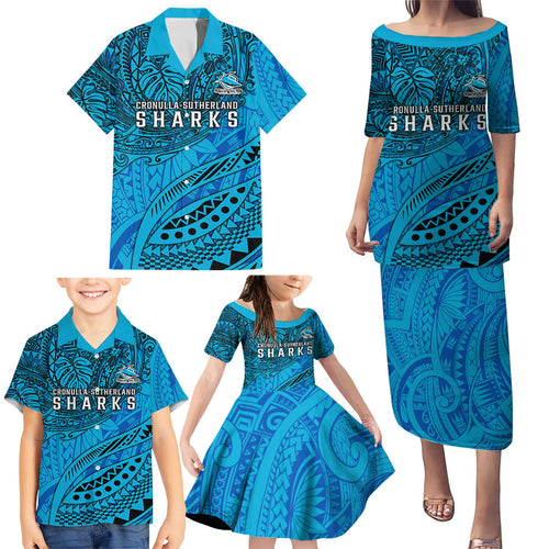 Personalised Cronulla-Sutherland Sharks Family Matching Puletasi and Hawaiian Shirt Polynesian Tribal Art Style With Hammerhead Mascot
