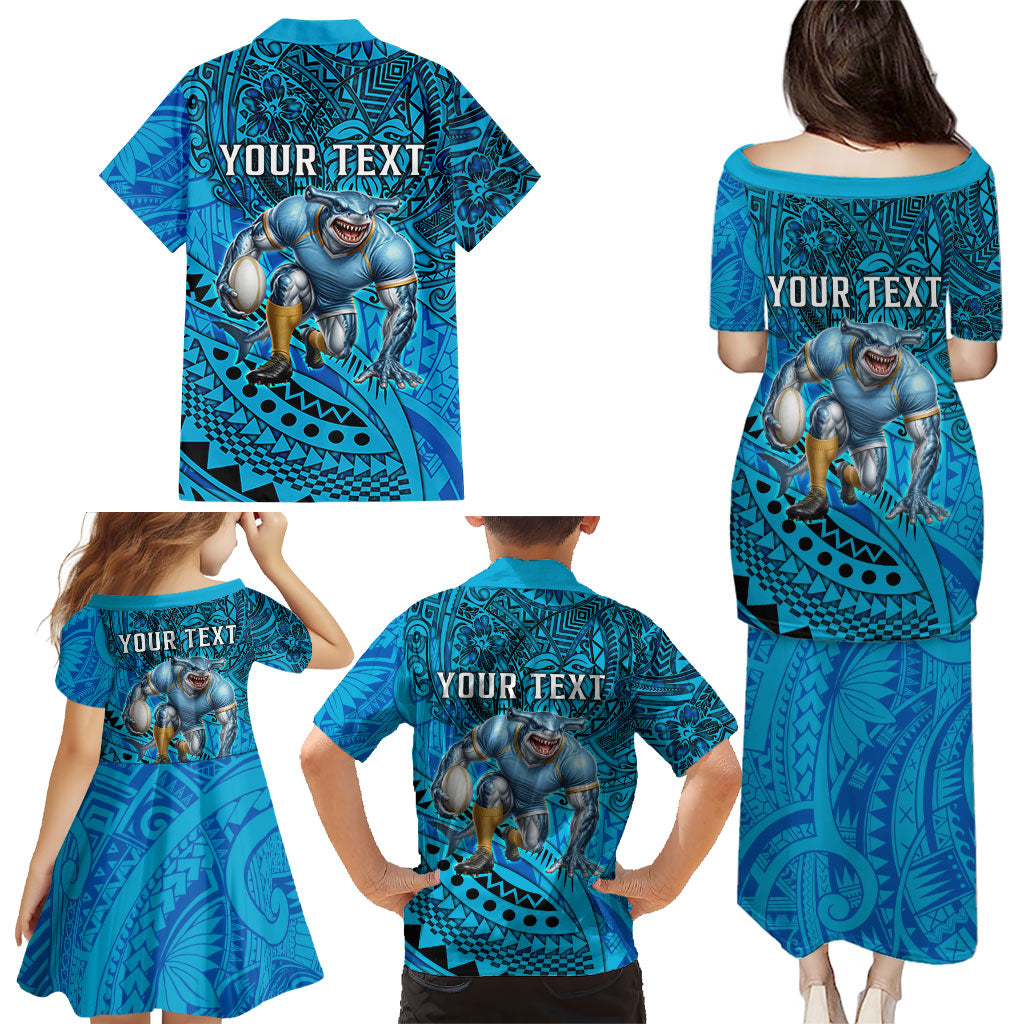 Personalised Cronulla-Sutherland Sharks Family Matching Puletasi and Hawaiian Shirt Polynesian Tribal Art Style With Hammerhead Mascot
