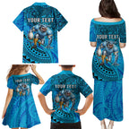 Personalised Cronulla-Sutherland Sharks Family Matching Puletasi and Hawaiian Shirt Polynesian Tribal Art Style With Hammerhead Mascot