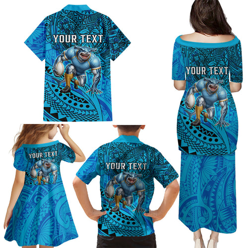 Personalised Cronulla-Sutherland Sharks Family Matching Puletasi and Hawaiian Shirt Polynesian Tribal Art Style With Hammerhead Mascot