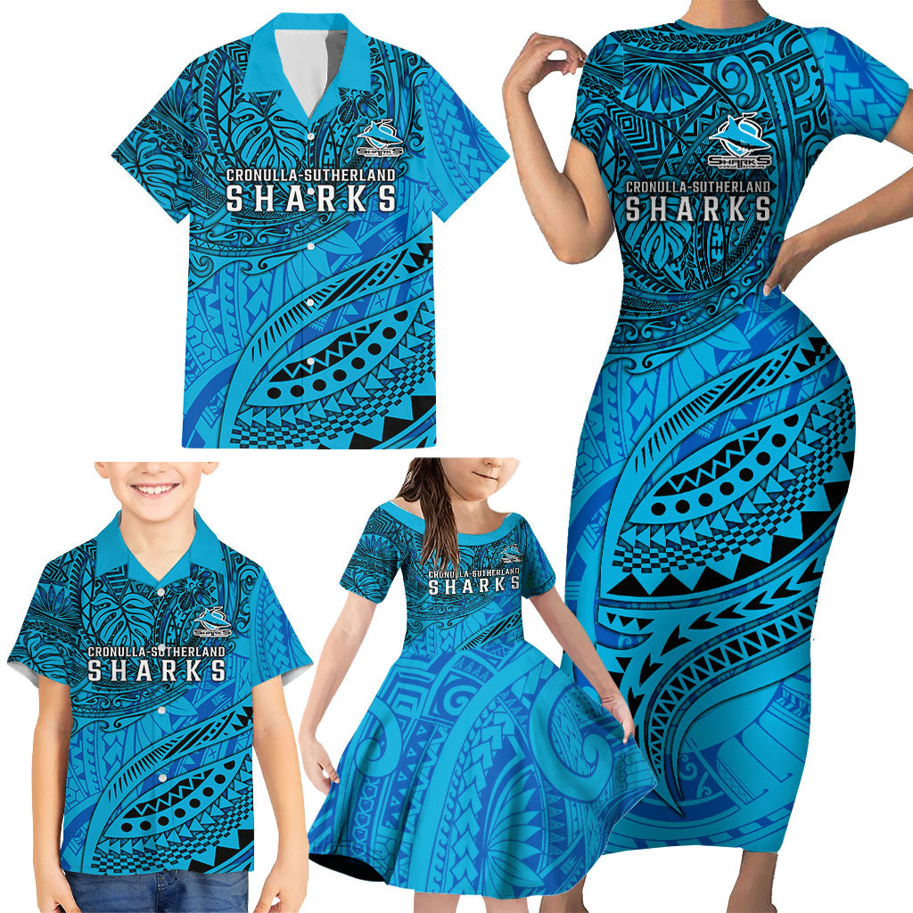 Personalised Cronulla-Sutherland Sharks Family Matching Short Sleeve Bodycon Dress and Hawaiian Shirt Polynesian Tribal Art Style With Hammerhead Mascot