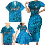 Personalised Cronulla-Sutherland Sharks Family Matching Short Sleeve Bodycon Dress and Hawaiian Shirt Polynesian Tribal Art Style With Hammerhead Mascot