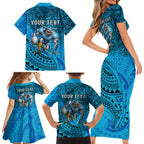 Personalised Cronulla-Sutherland Sharks Family Matching Short Sleeve Bodycon Dress and Hawaiian Shirt Polynesian Tribal Art Style With Hammerhead Mascot
