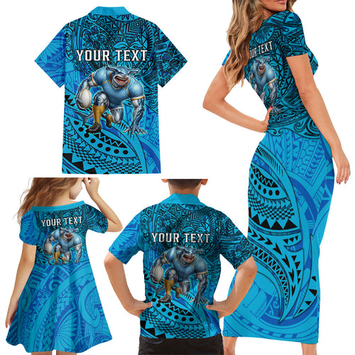 Personalised Cronulla-Sutherland Sharks Family Matching Short Sleeve Bodycon Dress and Hawaiian Shirt Polynesian Tribal Art Style With Hammerhead Mascot