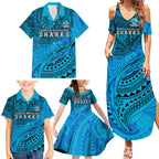 Personalised Cronulla-Sutherland Sharks Family Matching Summer Maxi Dress and Hawaiian Shirt Polynesian Tribal Art Style With Hammerhead Mascot