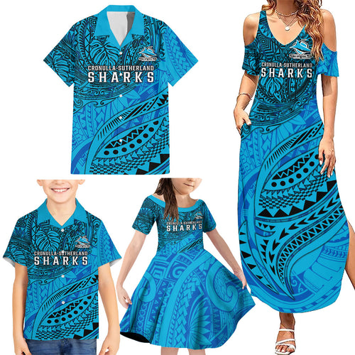 Personalised Cronulla-Sutherland Sharks Family Matching Summer Maxi Dress and Hawaiian Shirt Polynesian Tribal Art Style With Hammerhead Mascot