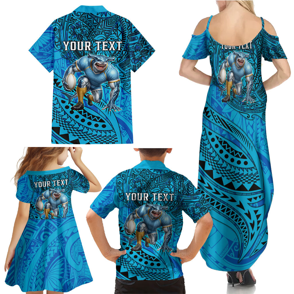 Personalised Cronulla-Sutherland Sharks Family Matching Summer Maxi Dress and Hawaiian Shirt Polynesian Tribal Art Style With Hammerhead Mascot