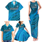 Personalised Cronulla-Sutherland Sharks Family Matching Tank Maxi Dress and Hawaiian Shirt Polynesian Tribal Art Style With Hammerhead Mascot