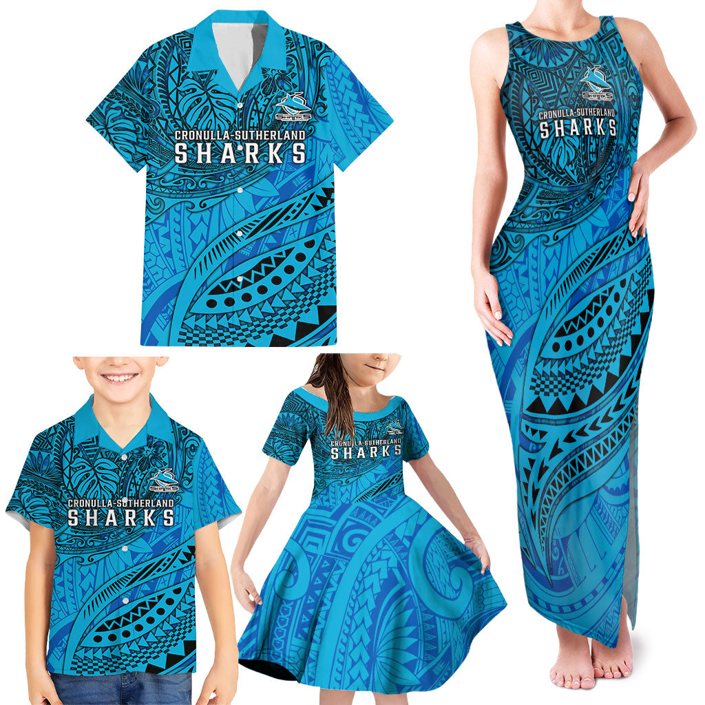 Personalised Cronulla-Sutherland Sharks Family Matching Tank Maxi Dress and Hawaiian Shirt Polynesian Tribal Art Style With Hammerhead Mascot