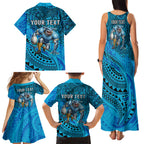 Personalised Cronulla-Sutherland Sharks Family Matching Tank Maxi Dress and Hawaiian Shirt Polynesian Tribal Art Style With Hammerhead Mascot