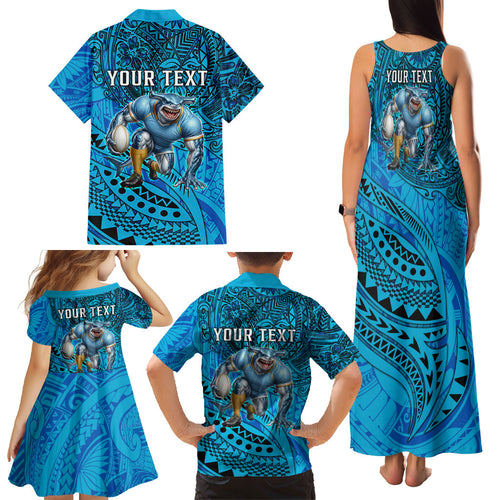 Personalised Cronulla-Sutherland Sharks Family Matching Tank Maxi Dress and Hawaiian Shirt Polynesian Tribal Art Style With Hammerhead Mascot
