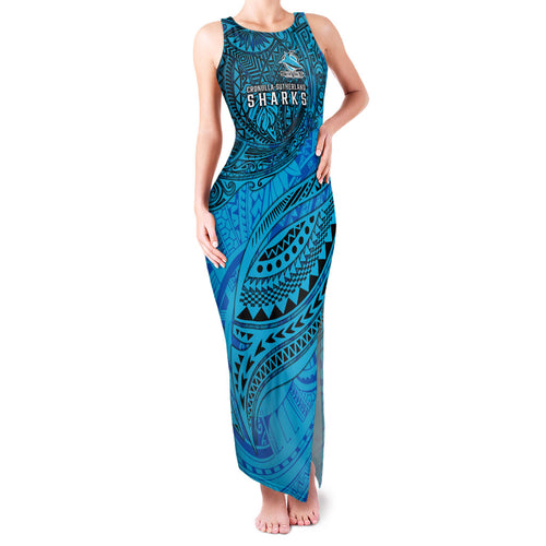 Personalised Cronulla-Sutherland Sharks Family Matching Tank Maxi Dress and Hawaiian Shirt Polynesian Tribal Art Style With Hammerhead Mascot