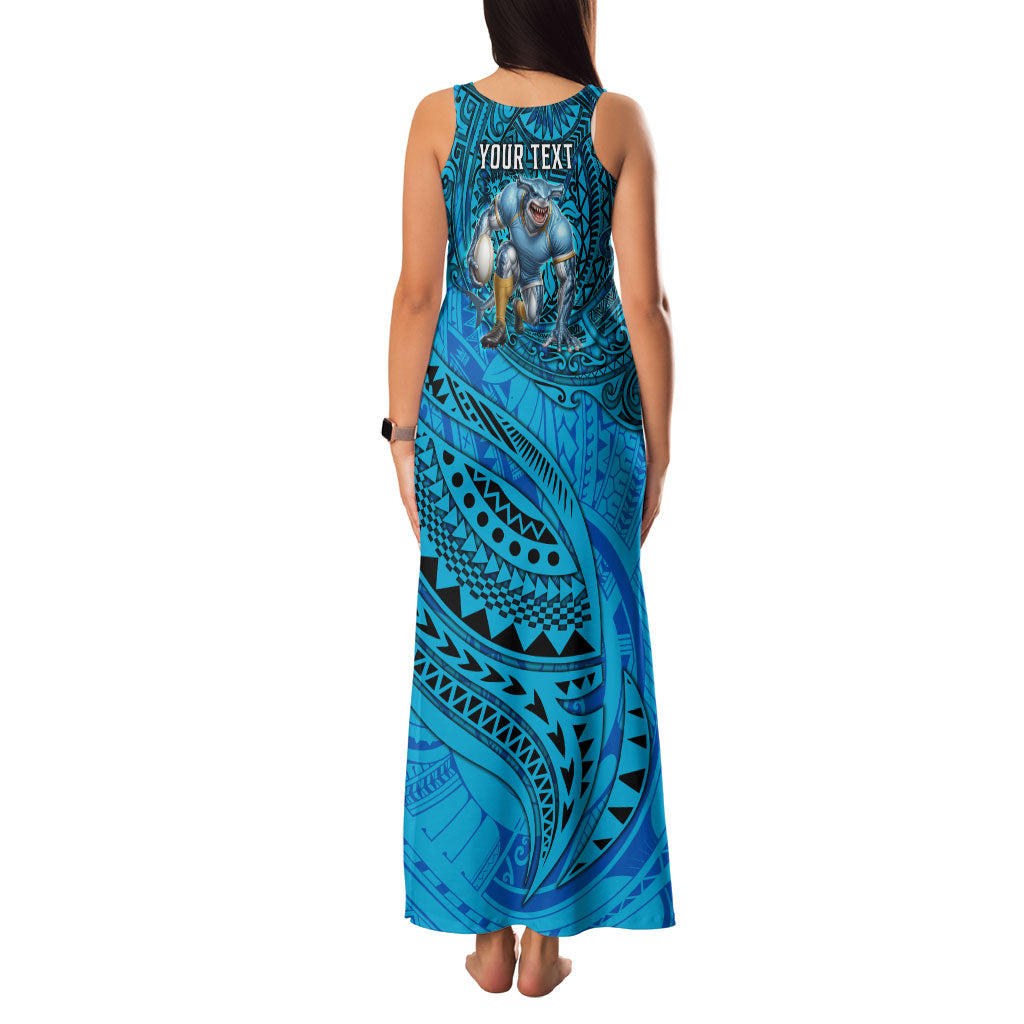 Personalised Cronulla-Sutherland Sharks Family Matching Tank Maxi Dress and Hawaiian Shirt Polynesian Tribal Art Style With Hammerhead Mascot