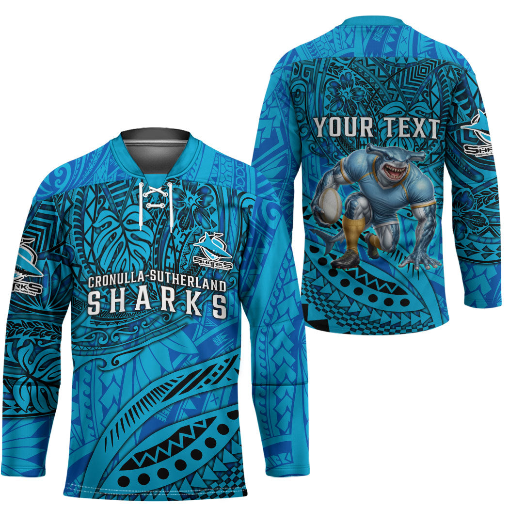Personalised Cronulla-Sutherland Sharks Hockey Jersey Polynesian Tribal Art Style With Hammerhead Mascot
