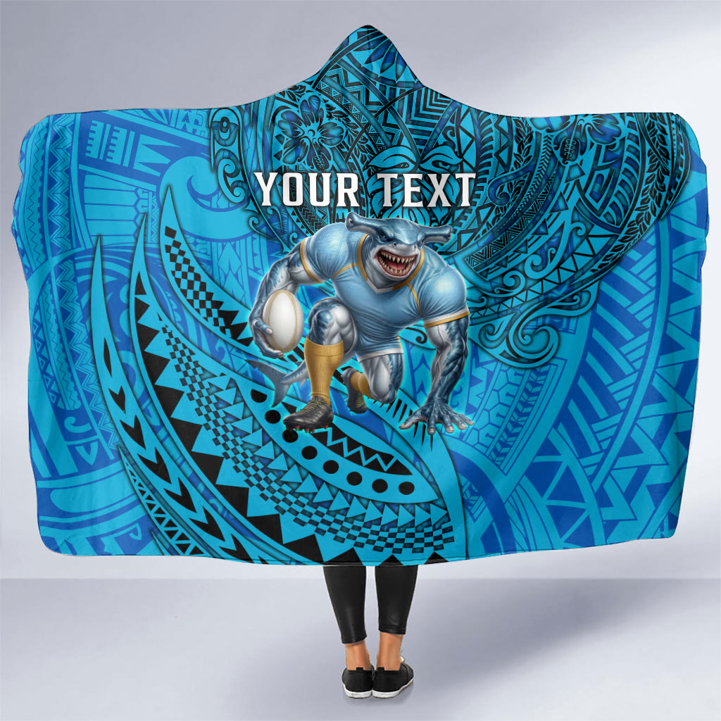 Personalised Cronulla-Sutherland Sharks Hooded Blanket Polynesian Tribal Art Style With Hammerhead Mascot