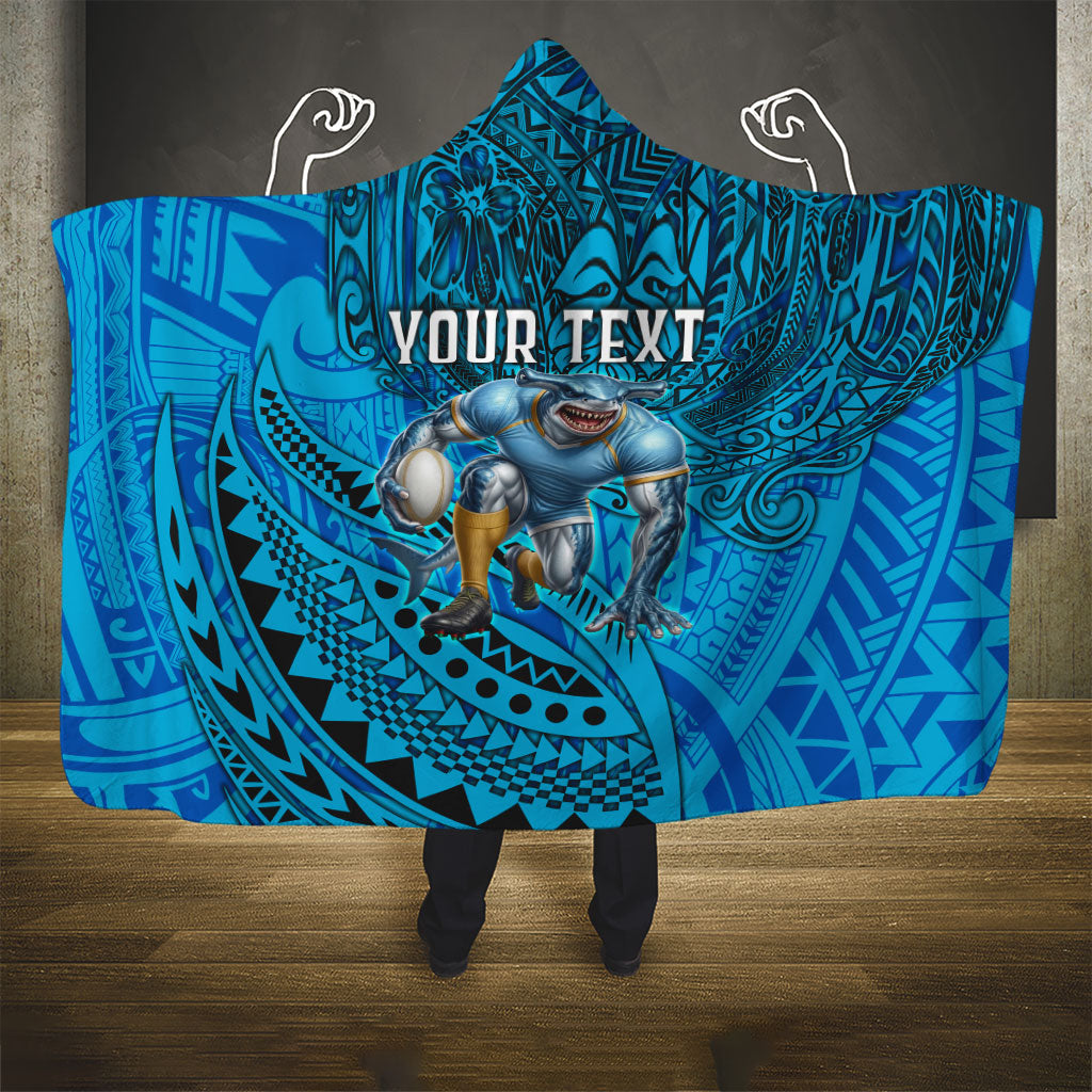 Personalised Cronulla-Sutherland Sharks Hooded Blanket Polynesian Tribal Art Style With Hammerhead Mascot