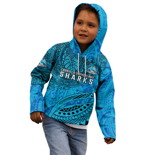 Personalised Cronulla-Sutherland Sharks Kid Hoodie Polynesian Tribal Art Style With Hammerhead Mascot