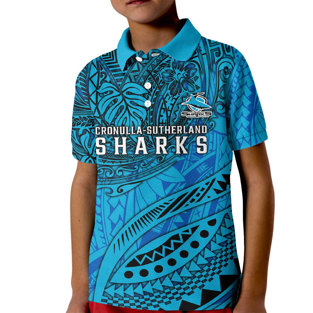 Personalised Cronulla-Sutherland Sharks Kid Polo Shirt Polynesian Tribal Art Style With Hammerhead Mascot