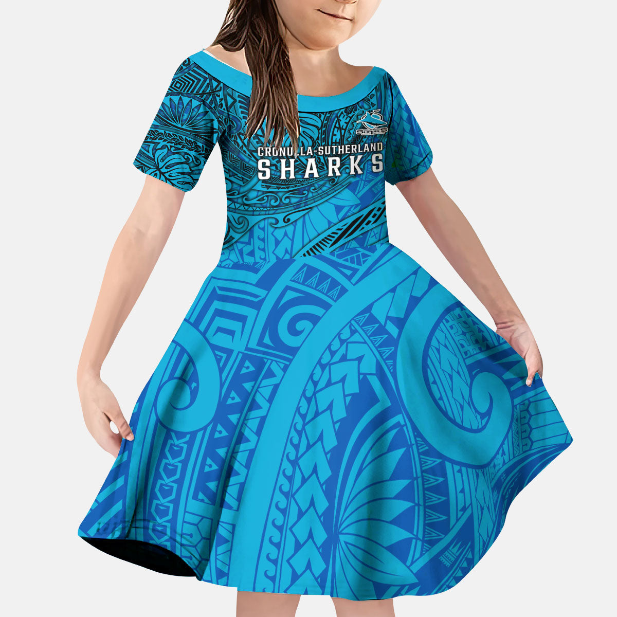 Personalised Cronulla-Sutherland Sharks Kid Short Sleeve Dress Polynesian Tribal Art Style With Hammerhead Mascot