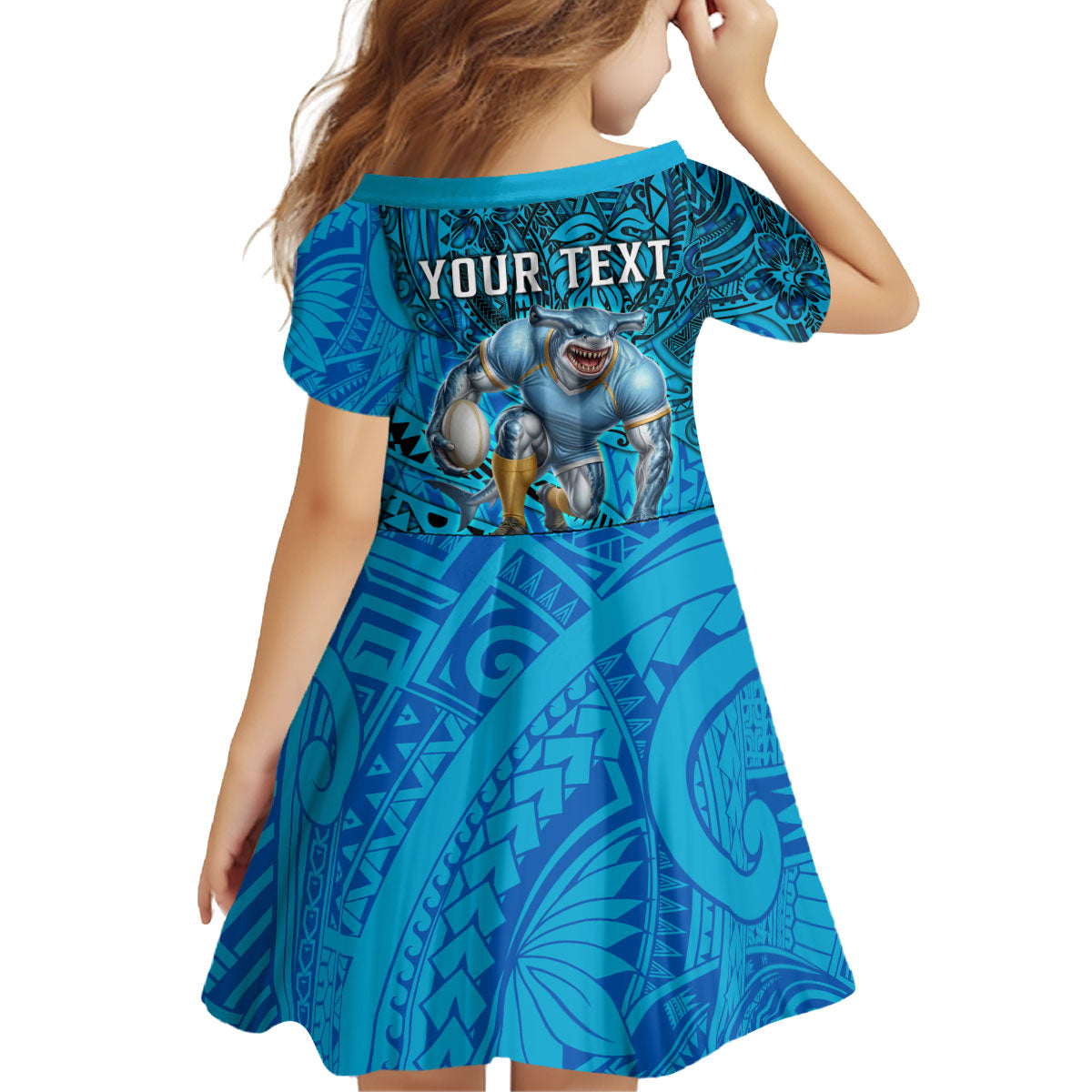 Personalised Cronulla-Sutherland Sharks Kid Short Sleeve Dress Polynesian Tribal Art Style With Hammerhead Mascot