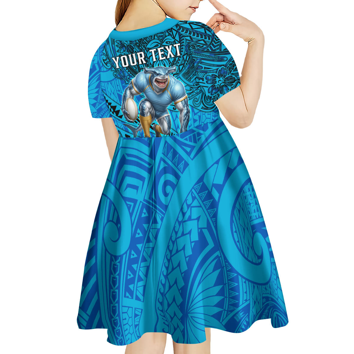Personalised Cronulla-Sutherland Sharks Kid Short Sleeve Dress Polynesian Tribal Art Style With Hammerhead Mascot
