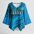 Personalised Cronulla-Sutherland Sharks Kimono Sleeve Blouse Polynesian Tribal Art Style With Hammerhead Mascot