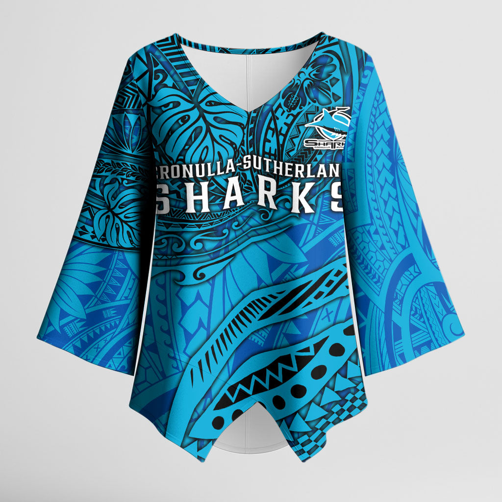 Personalised Cronulla-Sutherland Sharks Kimono Sleeve Blouse Polynesian Tribal Art Style With Hammerhead Mascot