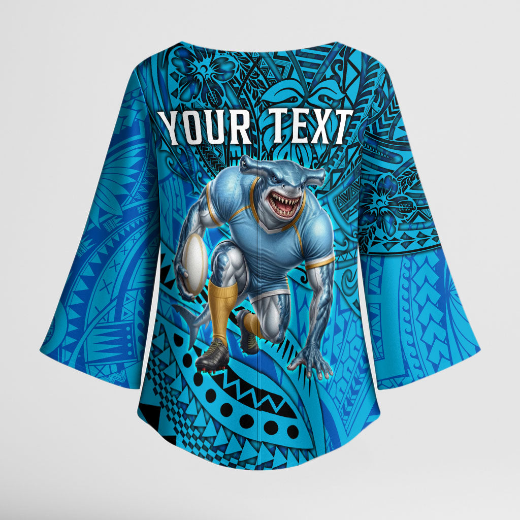 Personalised Cronulla-Sutherland Sharks Kimono Sleeve Blouse Polynesian Tribal Art Style With Hammerhead Mascot