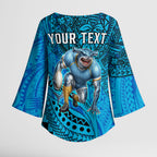 Personalised Cronulla-Sutherland Sharks Kimono Sleeve Blouse Polynesian Tribal Art Style With Hammerhead Mascot