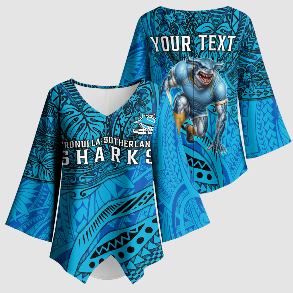 Personalised Cronulla-Sutherland Sharks Kimono Sleeve Blouse Polynesian Tribal Art Style With Hammerhead Mascot