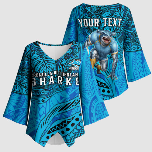 Personalised Cronulla-Sutherland Sharks Kimono Sleeve Blouse Polynesian Tribal Art Style With Hammerhead Mascot