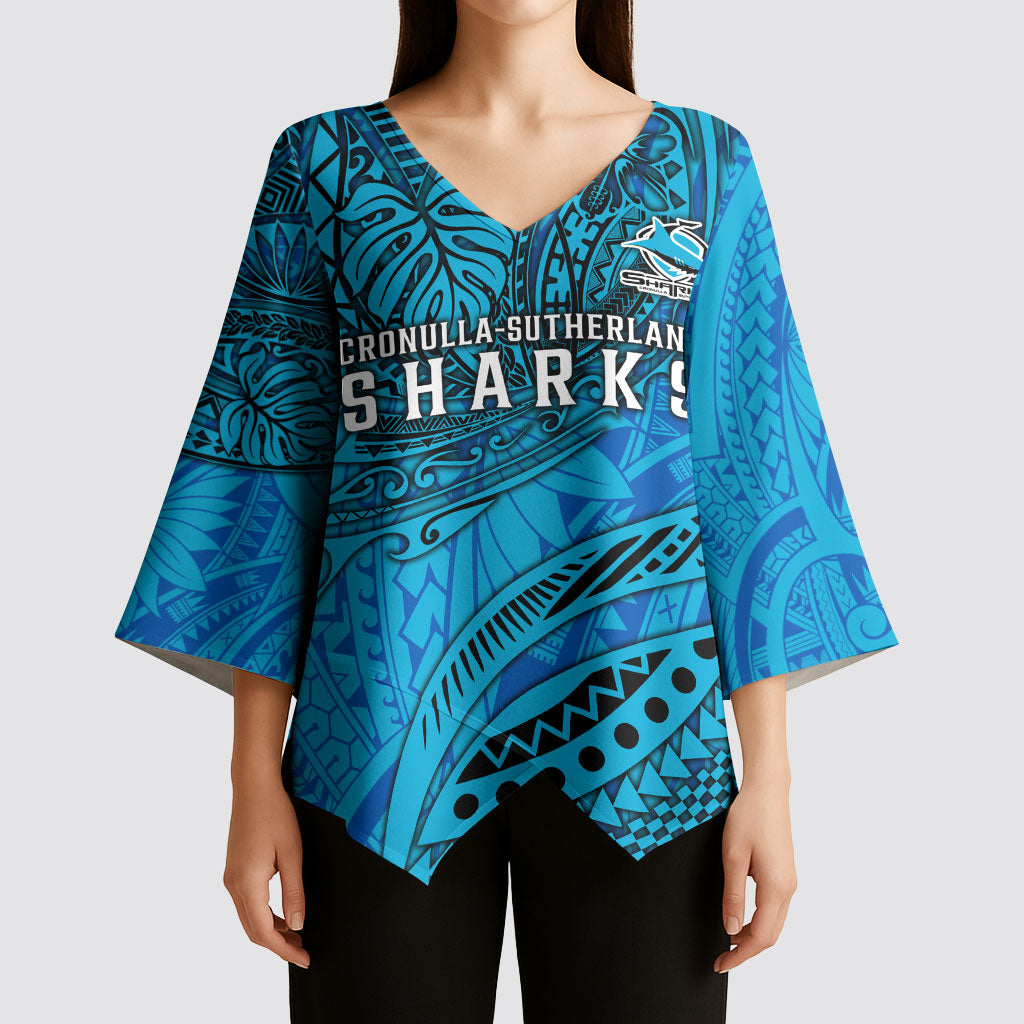 Personalised Cronulla-Sutherland Sharks Kimono Sleeve Blouse Polynesian Tribal Art Style With Hammerhead Mascot