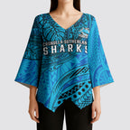 Personalised Cronulla-Sutherland Sharks Kimono Sleeve Blouse Polynesian Tribal Art Style With Hammerhead Mascot