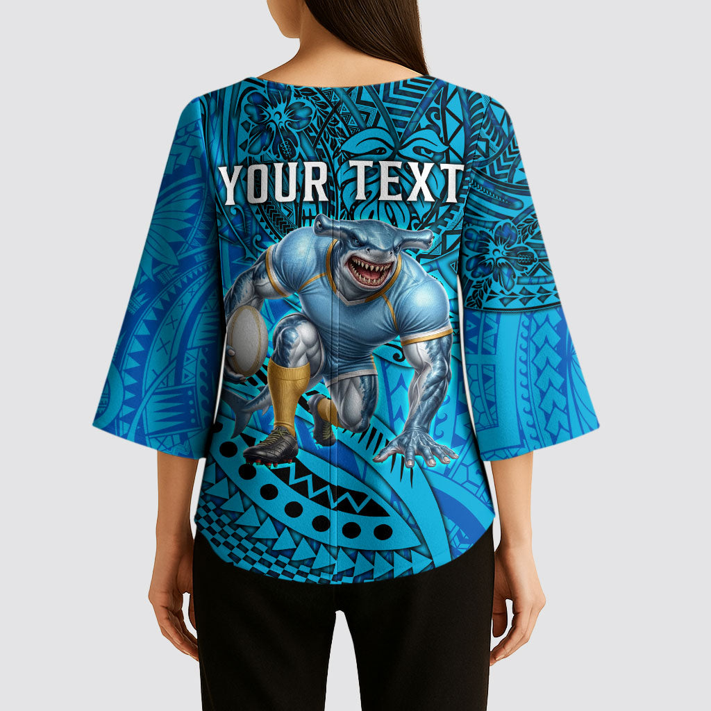 Personalised Cronulla-Sutherland Sharks Kimono Sleeve Blouse Polynesian Tribal Art Style With Hammerhead Mascot