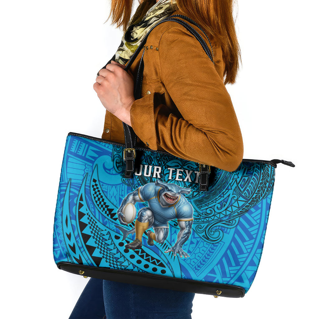 Personalised Cronulla-Sutherland Sharks Leather Tote Bag Polynesian Tribal Art Style With Hammerhead Mascot