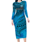 Personalised Cronulla-Sutherland Sharks Long Sleeve Bodycon Dress Polynesian Tribal Art Style With Hammerhead Mascot