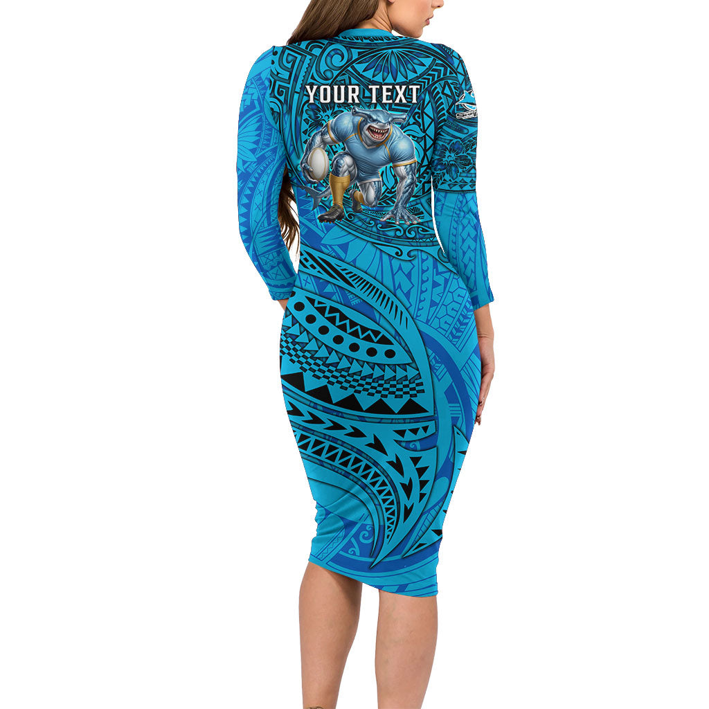 Personalised Cronulla-Sutherland Sharks Long Sleeve Bodycon Dress Polynesian Tribal Art Style With Hammerhead Mascot