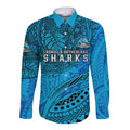 Personalised Cronulla-Sutherland Sharks Long Sleeve Button Shirt Polynesian Tribal Art Style With Hammerhead Mascot